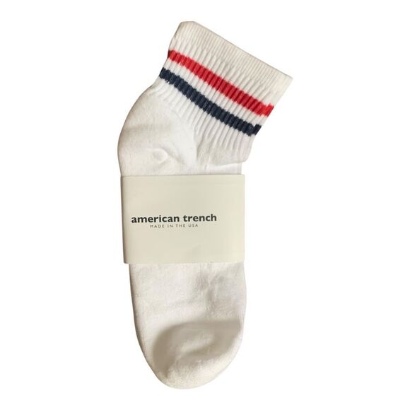 American Trench Kennedy Quarter Crew Socks White Red Navy Stripes Made in USA - Picture 1 of 2